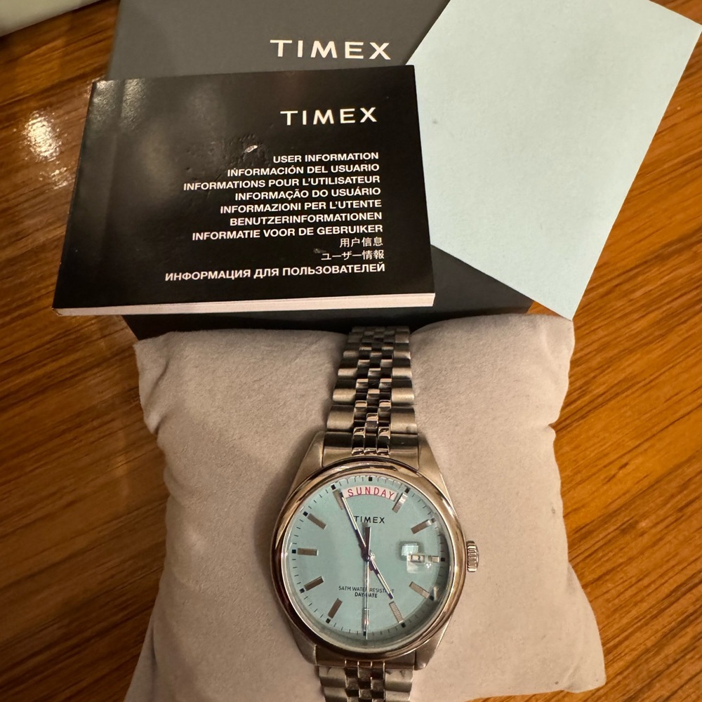 Timex Legacy Day Date Watch w/Silver Bracelet and Tiffany Blue Dial